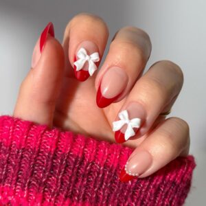 valentines day glamnetic press on nails ruby ribbons | short almond fake nails with red french tips & 3d bows in a glossy finish, salon quality | 15 sizes 30 nail kit with glue