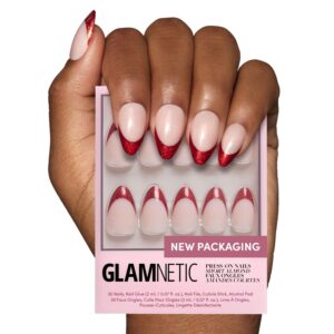 glamnetic press on nails red affair | short almond red glitter french tip nails with a glossy finish | 15 sizes 30 nail kit with glue