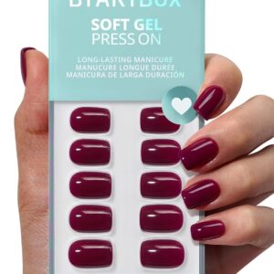 btartbox press on nails short plum red squoval press on nails with glue for women, opaque soft gel glue on nails in 15 sizes 30 stick on nails kit, blackberry
