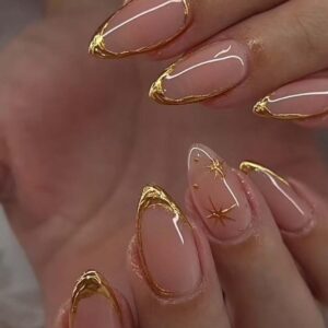 press on nails almond fake nails with gold line design glue on nails acrylic nails glossy full cover stick on nails for women 24pcs