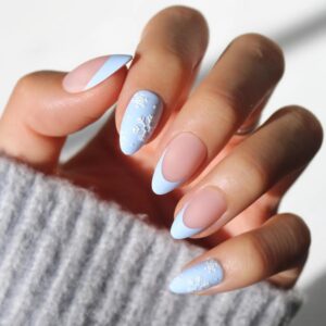 glamnetic press on nails snow bunny | short almond fake nails in pale blue with french tips & 3d snowflake designs in a matte finish, salon quality winter nails | 15 sizes 30 nail kit with glue